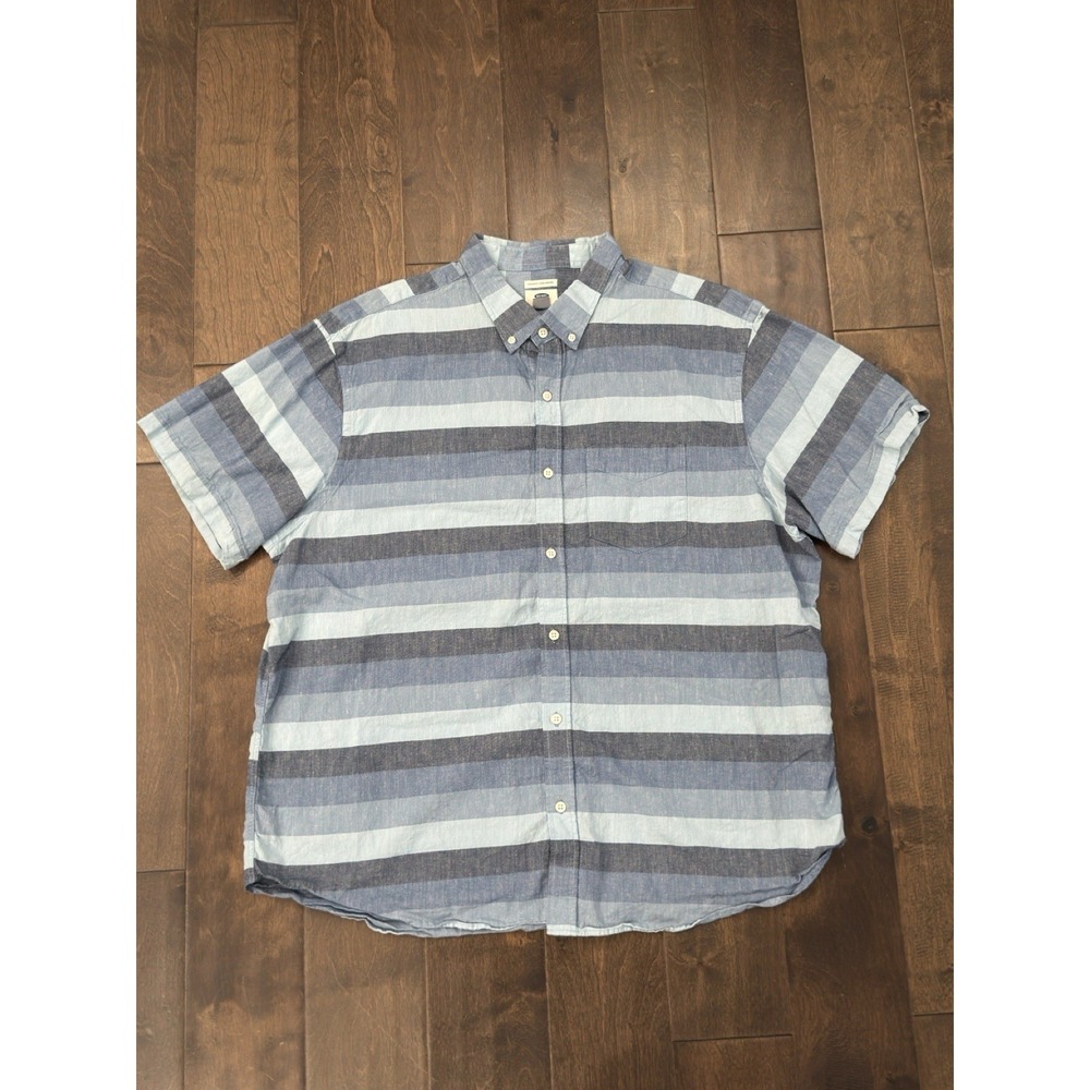 Old Navy Mens Size 2XL Linen Blend Button Down‎ Blue Striped Short Sleeve Shirt